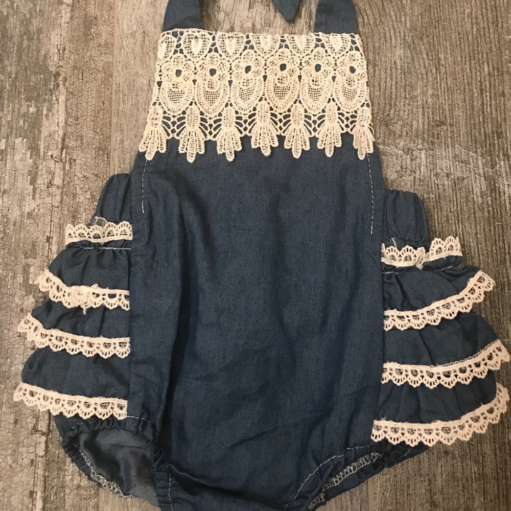 Denim ruffled romper with lace detail. - Picture 2 of 4